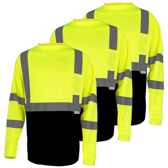 Pomerol Hi-Vis Long Sleeve Work Shirt, ANSI Class 3 Reflective, Yellow/Black, 3-Pack, Size M