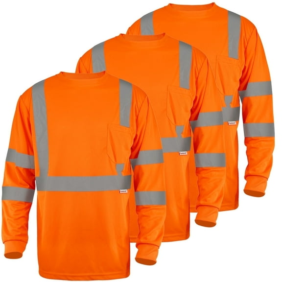 Hi-Vis Safety Shirt Long Sleeve Class 3 Reflective Work T-Shirt 3-Pack Orange