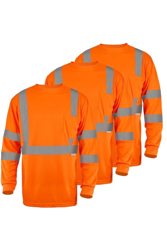 Hi-Vis Safety Shirt Long Sleeve Class 3 Reflective Work T-Shirt 3-Pack Orange