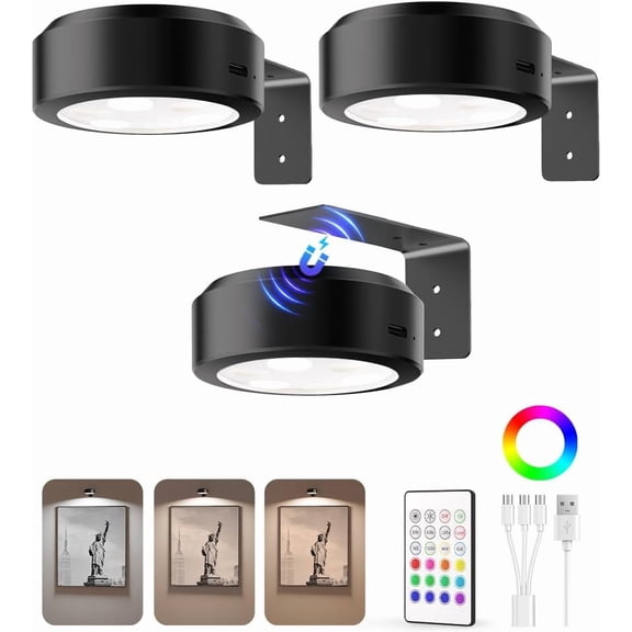 3Pack LED Picture Lights for Wall Rechargeable Battery Picture Frame Light with Remote Wireless Magnetic Art Display Light Dimmable&Timer Wall Sconce for Painting Poster Artwork Wall Lighting Decor