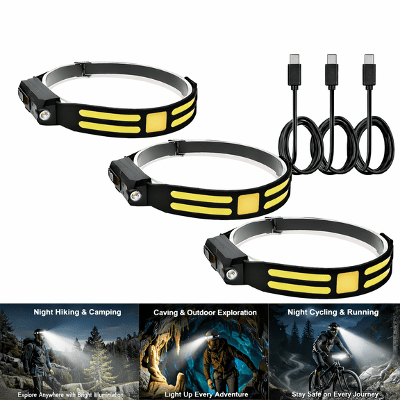 3Pack LED Rechargeable Headlamp for Head, High Lumen Head Light with Motion Sensor, Hands-Free Reading Light for Camping, Hiking, Running & Emergency Use
