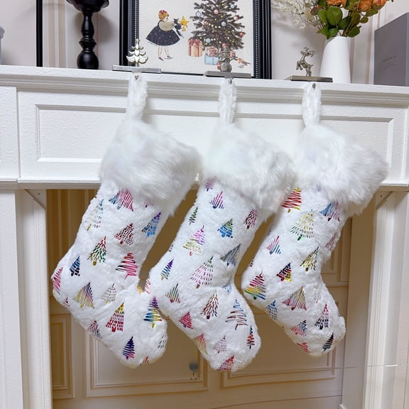 3Pack Large Plush Faux Fur Christmas Stockings with Colorful Xmas Tree,Party Favors Deluxe Fuzzy Christmas Stockings Hanging Ornaments Candy Gift Bags for Xmas Fireplace Holiday Decorations