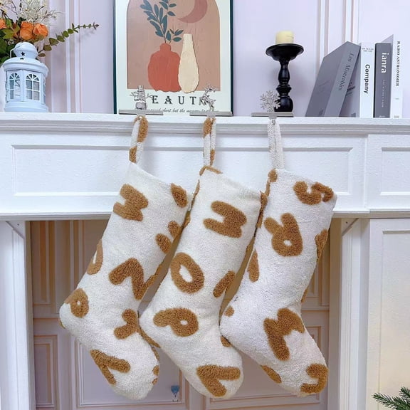 3Pack Letter Pattern Plush Faux Fur Christmas Stockings,Party Favors Deluxe Leopard Print Christmas Stockings Hanging Ornaments Candy Gift Bags for Xmas Fireplace Holiday Decorations