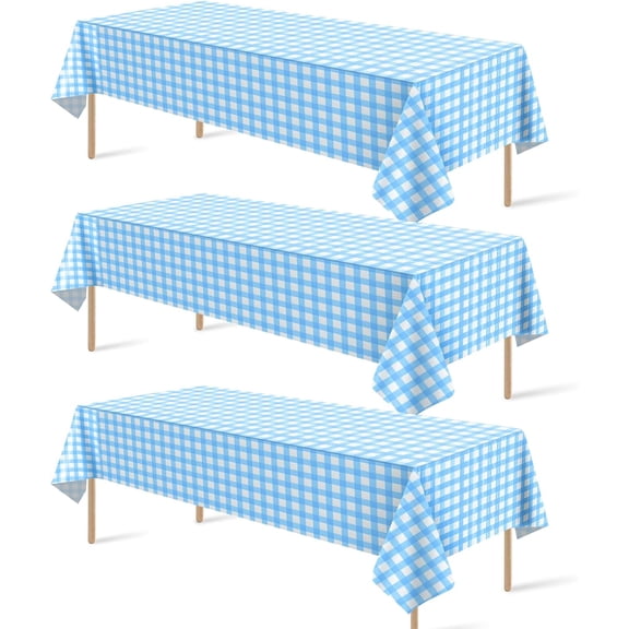 3Pack Light Blue and White Plastic Checkered Tablecloth, Premium Decorative Disposable Light Blue Gingham Plaid Tablecloth for Party, Rectangle Party Table Cover for Picnic Farm Birthday, 54x108 Inch