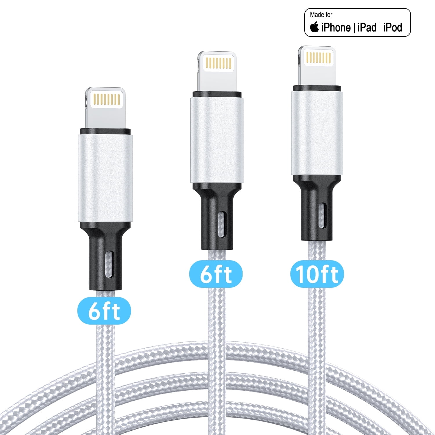 Cshidworld Lightning Charger Cords, 3 Pack 6/6/10 Feet, Durable