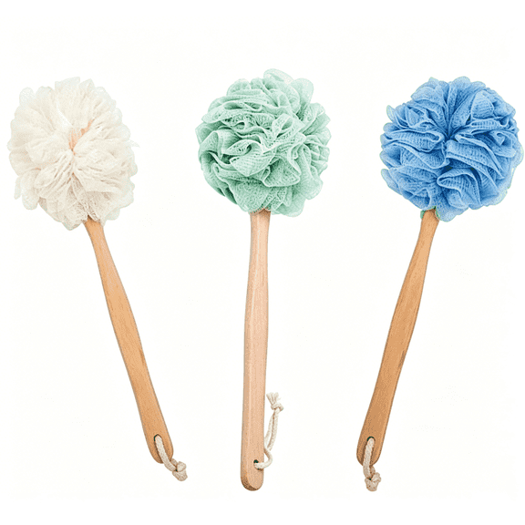 3 Pack Premium Long Handle Bath Loofah Brush, Soft Exfoliating Shower Sponge with Wooden Handle for Back & Body Cleansing, Assorted Colors