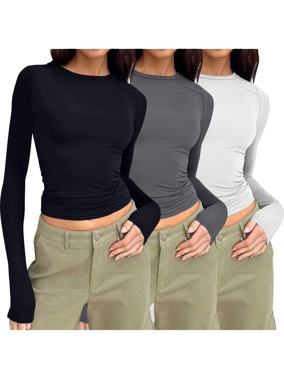 3Pack Long Sleeve Shirts for Women Crew Neck Fitted Tops Undershirt Stretch Underwear Base Layering Tight Tee