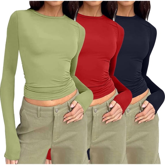 Yijfswar 3Pack Long Sleeve Shirts for Women Crew Neck Fitted Tops Undershirt Stretch Underwear Base Layering Tight Tee