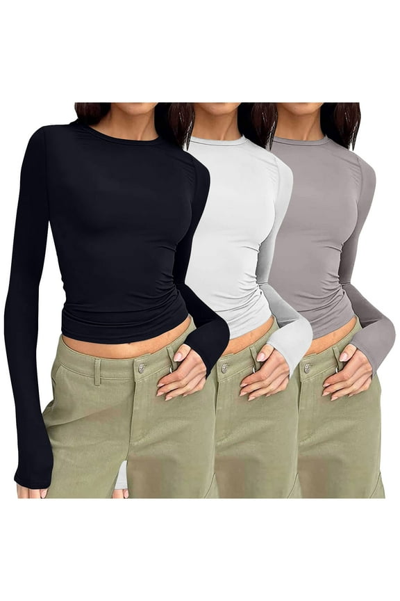 3Pack Long Sleeve Shirts for Women Crew Neck Fitted Tops Undershirt Stretch Underwear Base Layering Tight Tee