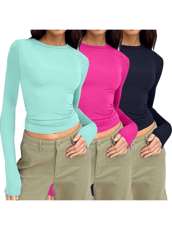 3Pack Long Sleeve Shirts for Women Crew Neck Fitted Tops Undershirt Stretch Underwear Base Layering Tight Tee