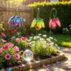 3Pack Metal Flower Garden Stakes Crystal Suncatcher, Rustproof Solid Iron, Sunlight Reflecting Shimmer, Compact Exquisite Size, Decor for Lawn Flower Bed and Independence Day Garden
