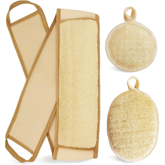 3Pack Natural Loofah Sponge Back Exfoliating Scrubber Combo Set, Seep Cleansing Skin and Facial Loofah Pad