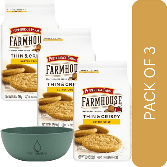 3Pack Of Pepperidge Farm Farmhouse Butter Crisp Cookies, 6.9 oz Thin & Crispy Buttery Cookies for Snacking or Dessert,With Olive Green Bowl By ValueNest