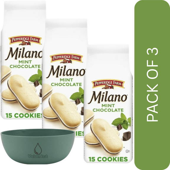 3Pack Of Pepperidge Farm Milano Mint Chocolate Cookies, 7 oz Crisp Sandwich Cookies with Refreshing Mint & Dark Chocolate,With Olive Green Bowl By ValueNest