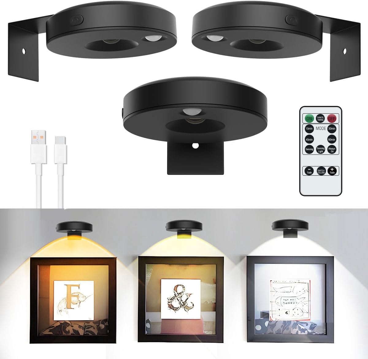 3Pack Picture Lights for Wall Picture Frame Light with Remote Art ...