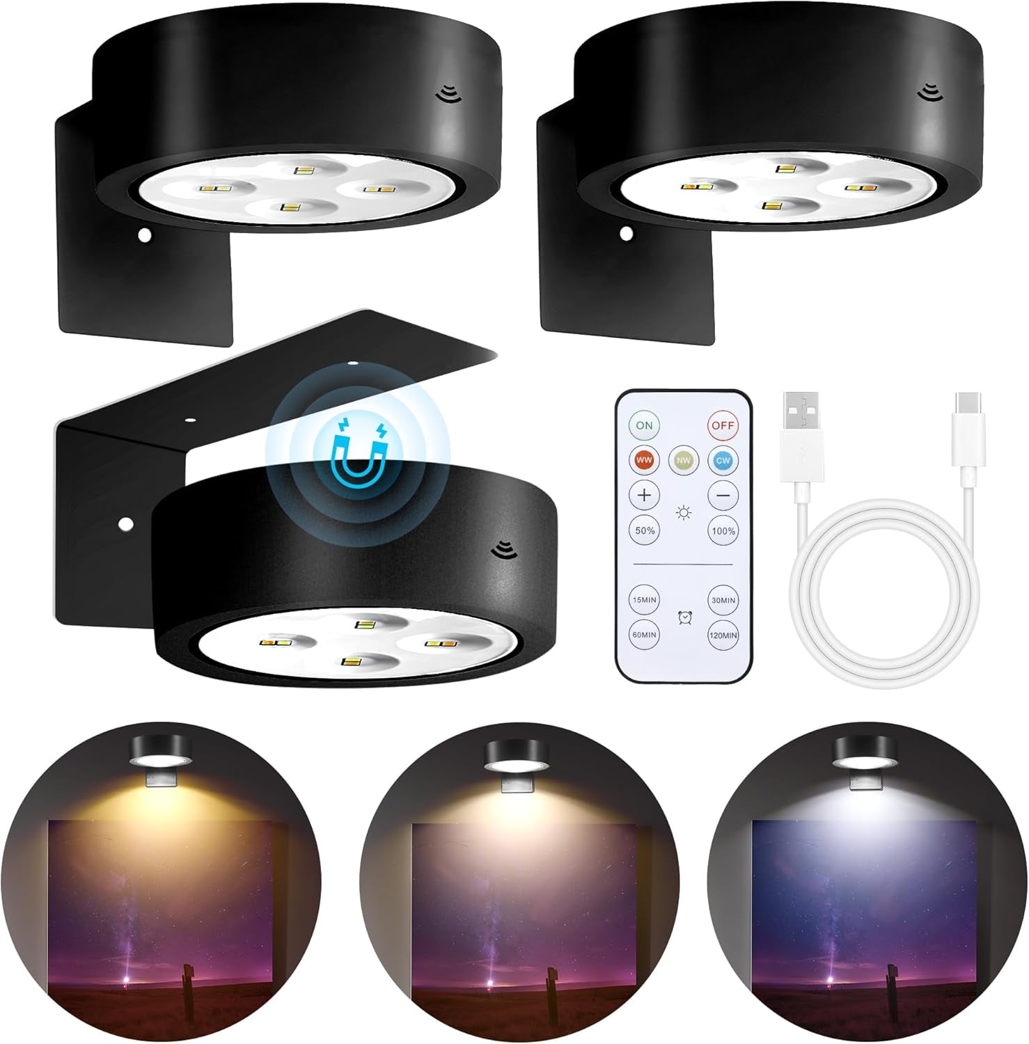 White Battery Operated Magnetic LED Picture Lights with Remote Control