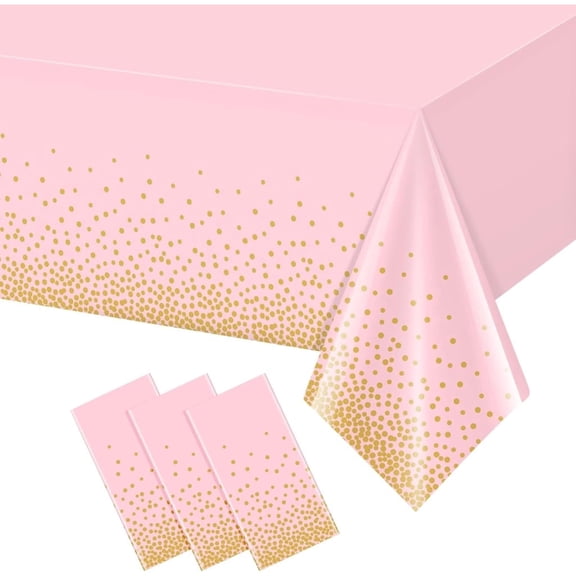 3Pack Pink and Gold Plastic Tablecloth for Parties, Pink Disposable Table Cloth for Rectangle Tables, Gold Dot Confetti Light Pink Tablecloth for Birthday Wedding Baby Shower Party, 54x108