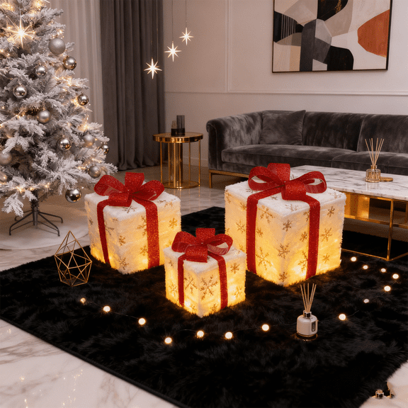 3Pack Plush Christmas Lighted Gift Boxes,Different Sizes Light Up Snowflake Present Box Ornament with Bowknot,8 Models Pre lit Presents Christmas Boxes for Indoor Outdoor Holiday Xmas Decorations