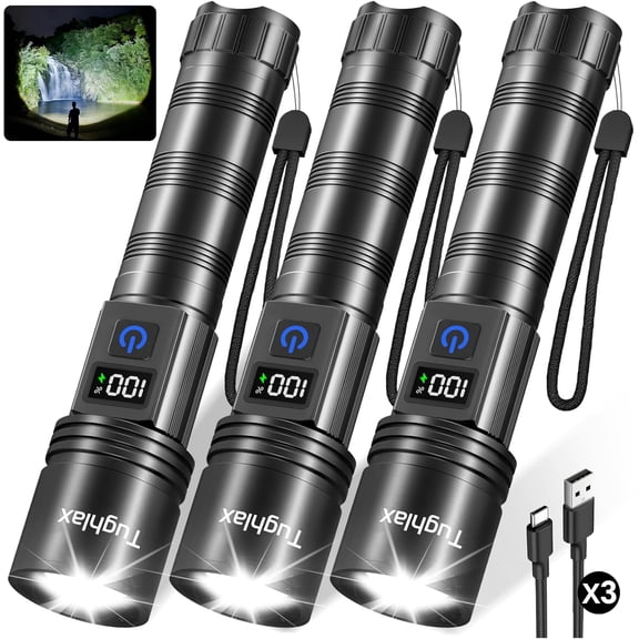 3Pack Rechargeable Flashlights 10000 High Lumens, Super Bright Flashlight with LCD Digital Display, 5 Modes Adjustable LED Flashlight Tactical Flashlights High Powered, Flash Lights for Emergency