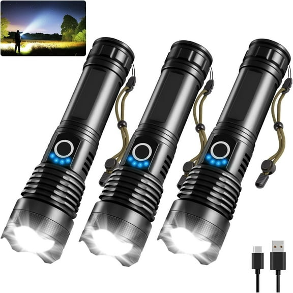 3Pack Rechargeable Flashlights High Lumens, 990000lm Super Bright Flashlight, 5Modes LED Flashlight Rechargeable, Adjustable Tactical Flashlights High Powered, Flash Lights for Emergency Camping Home