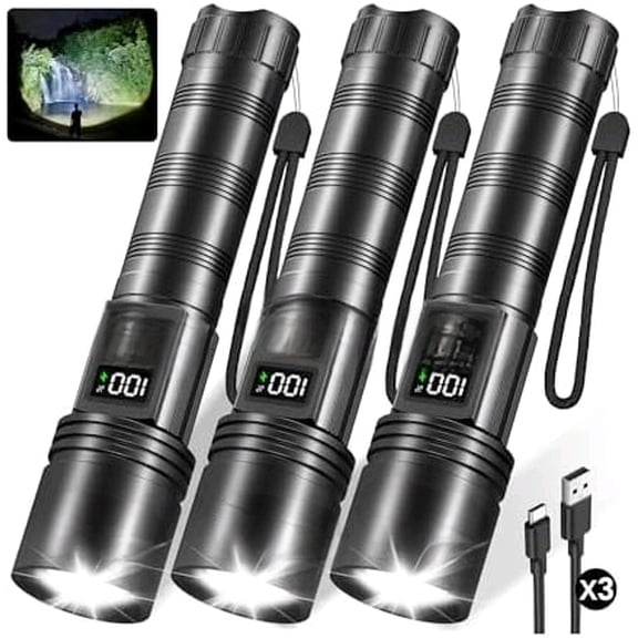 3Pack Rechargeable Flashlights High Lumens, Super Bright Flashlight with LCD Digital Display, 5 Modes Adjustable LED Flashlight Tactical Flashlights High Powered, Flash Lights for Emergency$$