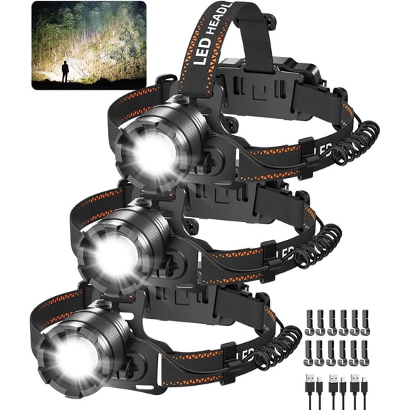 3Pack Rechargeable Headlamps for Adults, Super Bright  Lamps LED Rechargeable, 4Mode  Lights for Forehead Hard Hat, Adjustable Focus 90?Headlight,  LED Headlamp Camping
