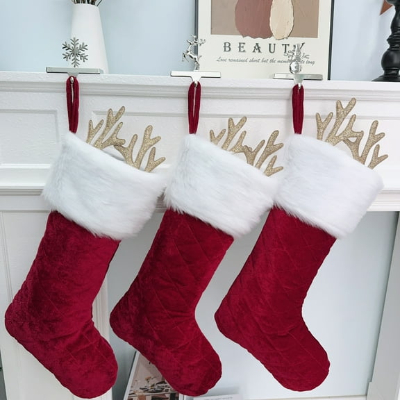 3Pack Red Plush Faux Fur Christmas Stockings with Antlers,Deluxe Fuzzy Textured Reindeer Christmas Stockings Hanging Ornaments Candy Gift Bags for Xmas Fireplace Holiday Decorations