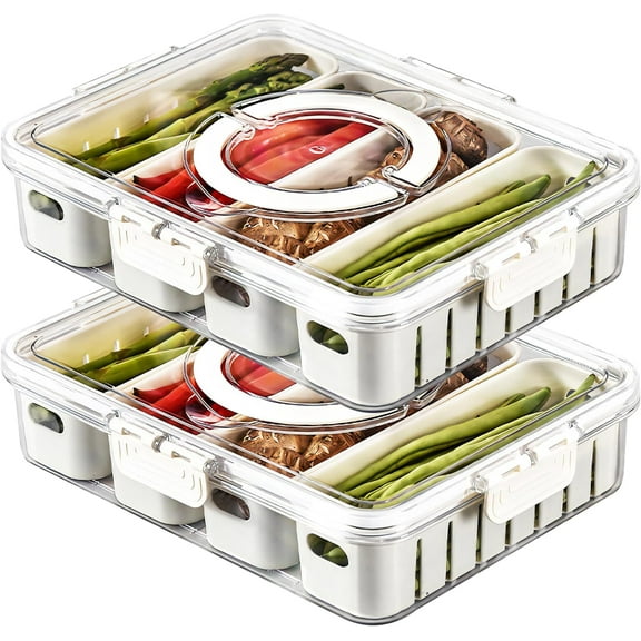 3Pack Snackle Box Divided Veggie Serving Tray with Lid Salad Keeper with 4 Removable Boxes Stackable Refrigerator Organizer Bins Produce Saver for Meal Prep Fruit Vegetable Lunch Meat