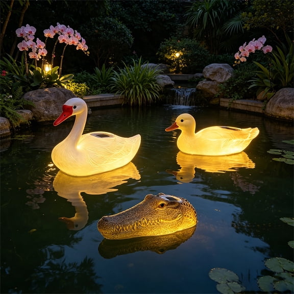 3Pack Solar Floating Alligator Head Duck Goose Pool Decor,Float Garden Statue,Floating LED Solar Pool Lights,Swimming Pool Led Light Up Crocodile Sculptures for Goose,Heron,Duck Deterrent Control