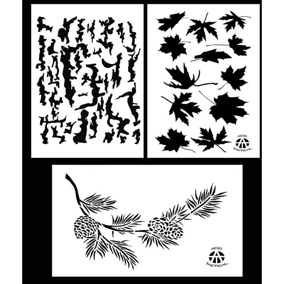 3Pack! Spray Paint Camouflage Stencils 14" Tree Bark - Leafy Maple - Pine Branch