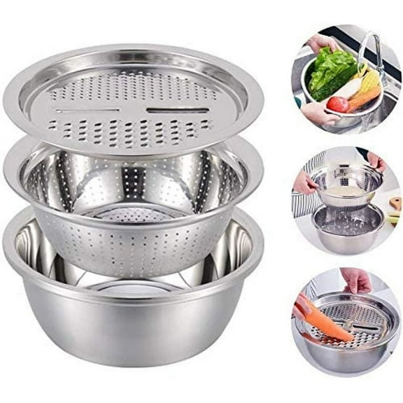 3Pack Stainless Steel Rice Washing Bowl with Strainer, Multifunctional 3 In 1 Metal Colander