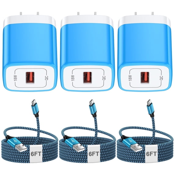 3Pack USB Wall Charger, 18W Fast Charging Block with 6FT USB C Cable Fast Charging Cable Cord Usb C Cable Phone Cables, Type C Charger Plug Quick Android Charger USB Plug Adapter[Blue]