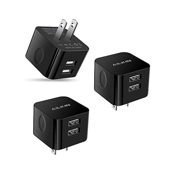 3Pack USB Wall Chargers, 2.4A Dual Port Fast Charger Block Square Flat Power AC Adapter Phone Brick Charging Station for iPhone, Samsung Galaxy, LG Stylo, Google Pixel, USB Plug House Hold Box Cube