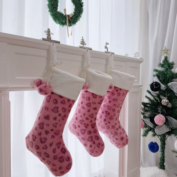 3Pack White Pink Leopard Plush Faux Fur Christmas Stockings with Soft Ball,Party Favors Deluxe Christmas Stockings Hanging Ornaments Candy Gift Bags for Xmas Fireplace Holiday Decorations,