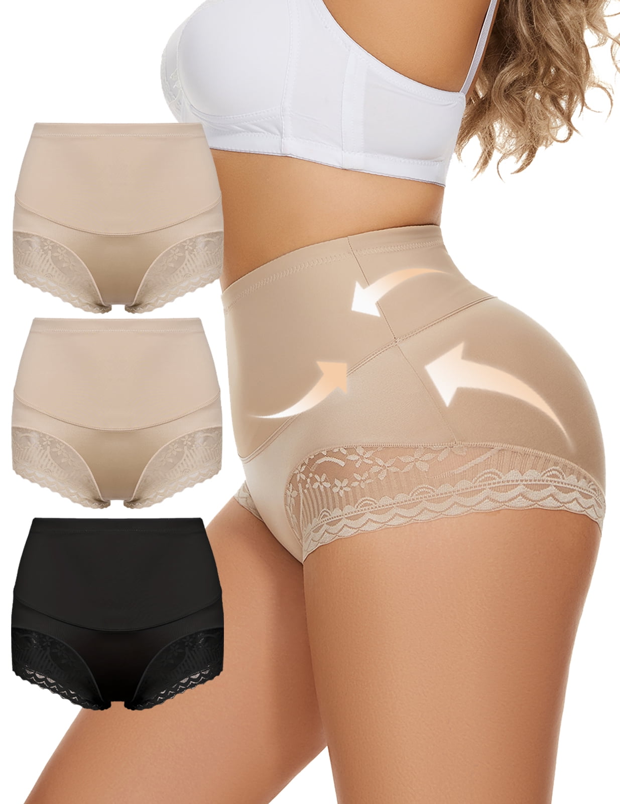 Plus Size Women's Shaping Underwear 3-Pack - Lace Trim Girdle Panties With Butt Lift & Tummy Control, 1 Black + 2 Skin, 3XL