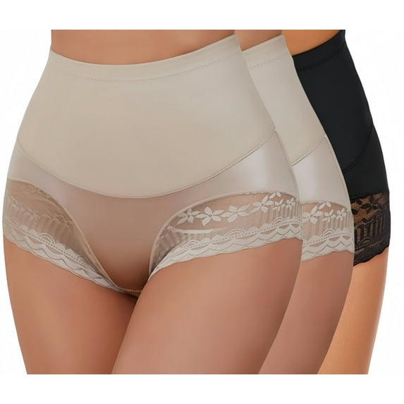 Women's High-Waisted Tummy Control Underwear 3-Pack - Plus Size Cotton Panties With Butt Lift & Slimming, 1 Black + 2 Skin, M