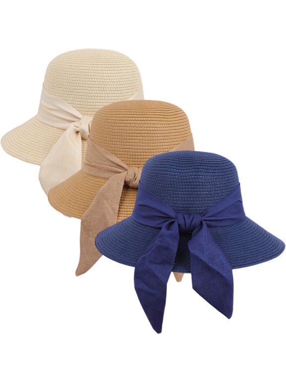 3Pack Women's Straw Hat with Linen Bow, Lightweight Breathable Summer Sun Hat, Foldable Wide Brim Bucket Hat
