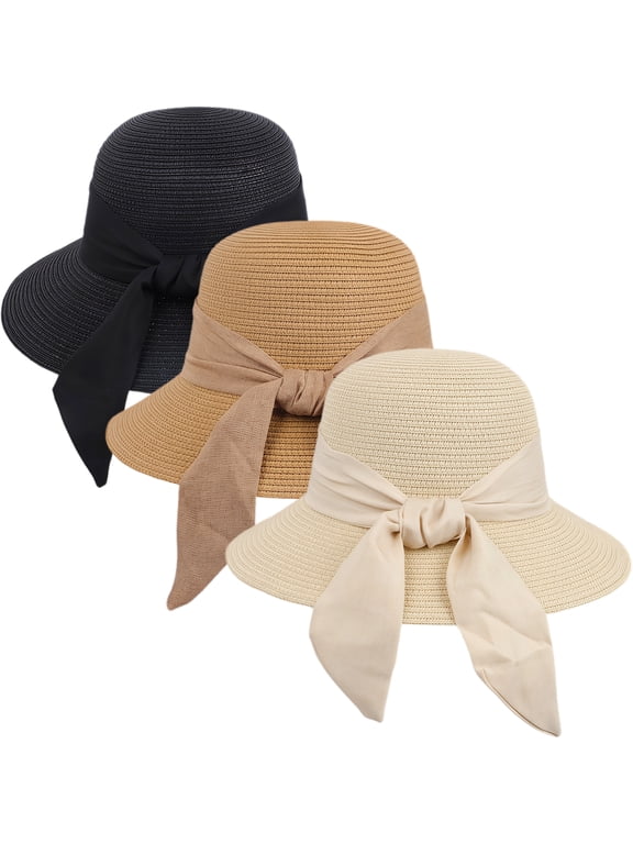 3Pack Women's Straw Hat with Linen Bow, Lightweight Breathable Summer Sun Hat, Foldable Wide Brim Bucket Hat