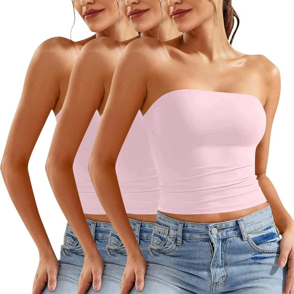 3Pack Women's Tube Top Sexy Strapless Crop Base Corset Tank Tops Fashion Solid Color Stretchy Comfy Bandeau Bras Style001 Pink Small