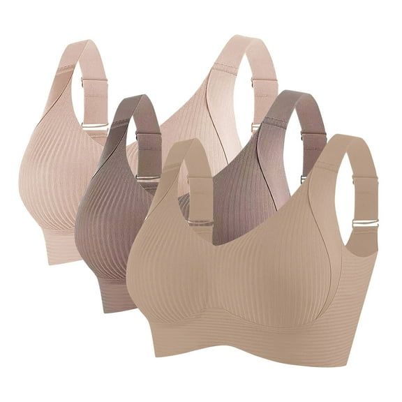 3Pack Womens Seamless Bras Comfort Ribbed Wireless Push Up Full Coverage Adjustable Everyday Sports Bralettes Beige Large