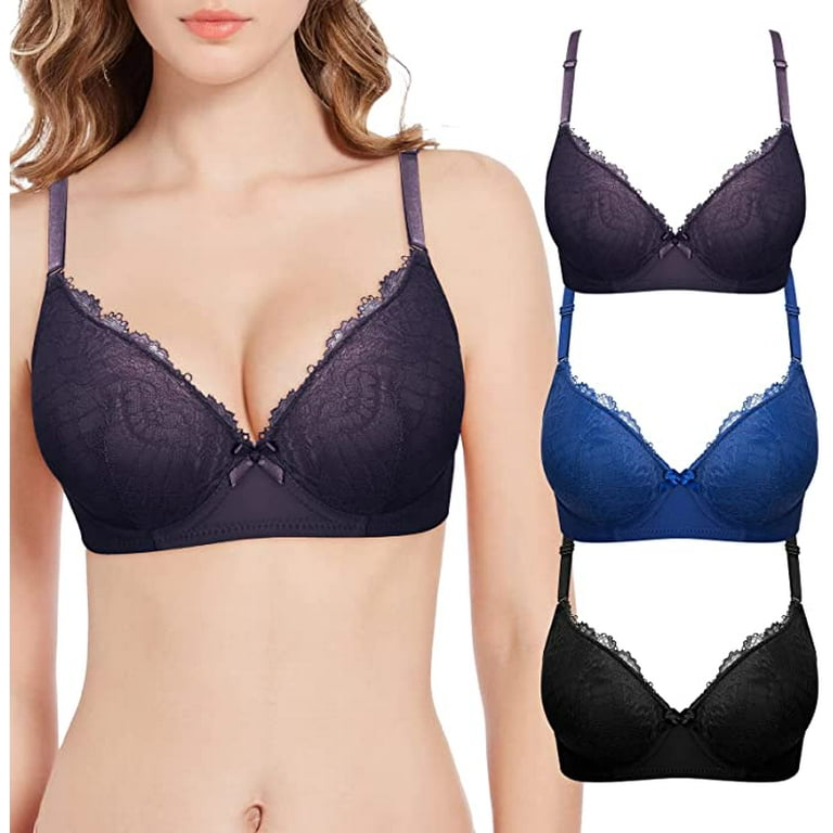3Pack bras for women, lace bras for women, Women's Underwire Full Coverage Lace  Bras for Women, Push up bras Comfortable bras for women padded Everyday Bras  for women B-34B 