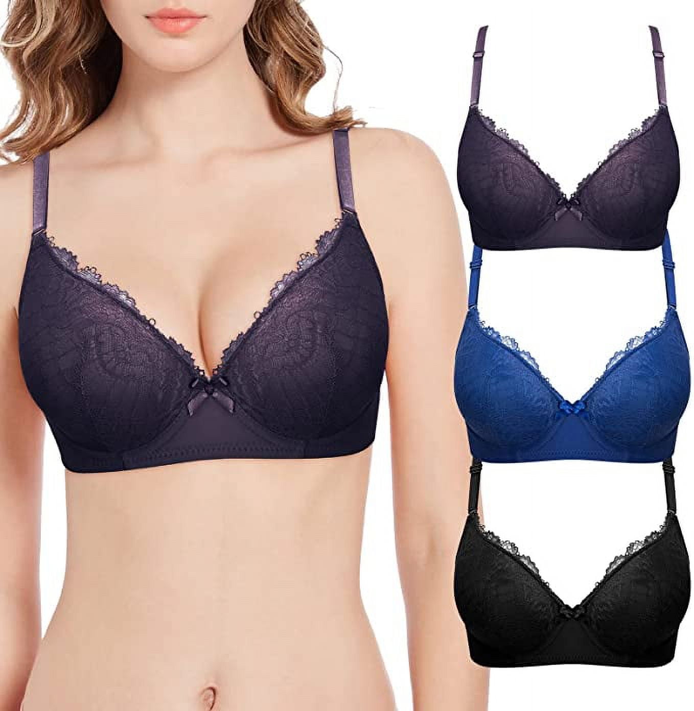 3Pack bras for women, lace bras for women, Women's Underwire Full Coverage  Lace Bras for Women,Push up bras Comfortable bras for women padded Everyday
