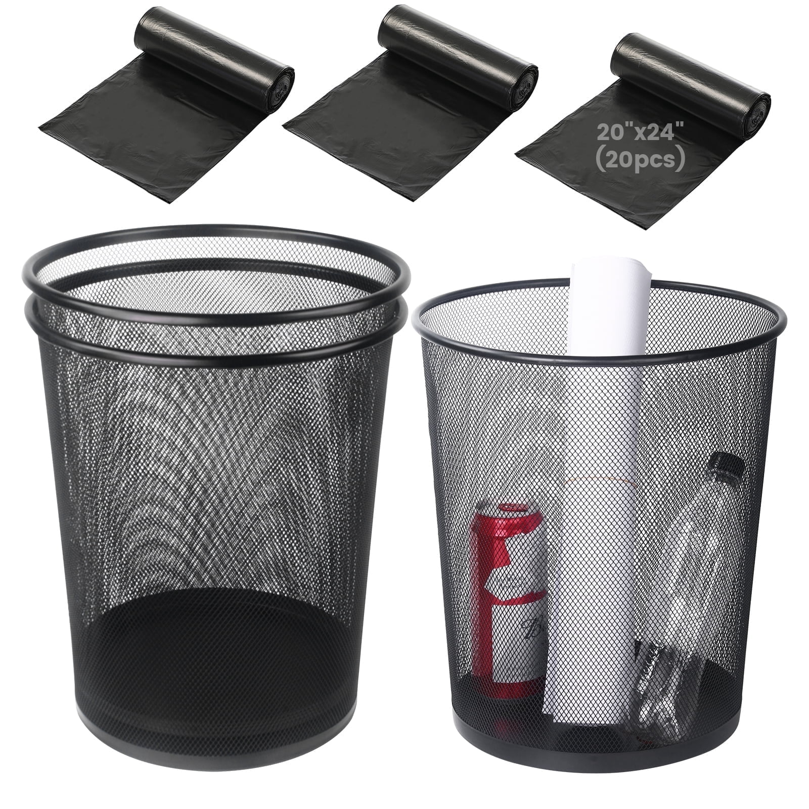 Gamexcel 5-Gallon Metal Mesh Trash Can 3 Pack, Round Open Top Black Waste Basket for Office, Bedroom and Bathroom