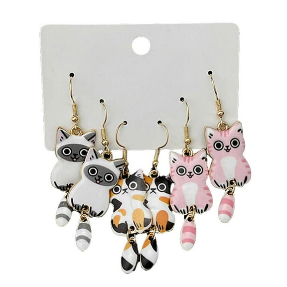 3Pair Cute Cat Enamel Earrings Animal Hook Dangle Drop W Women Party D4L3