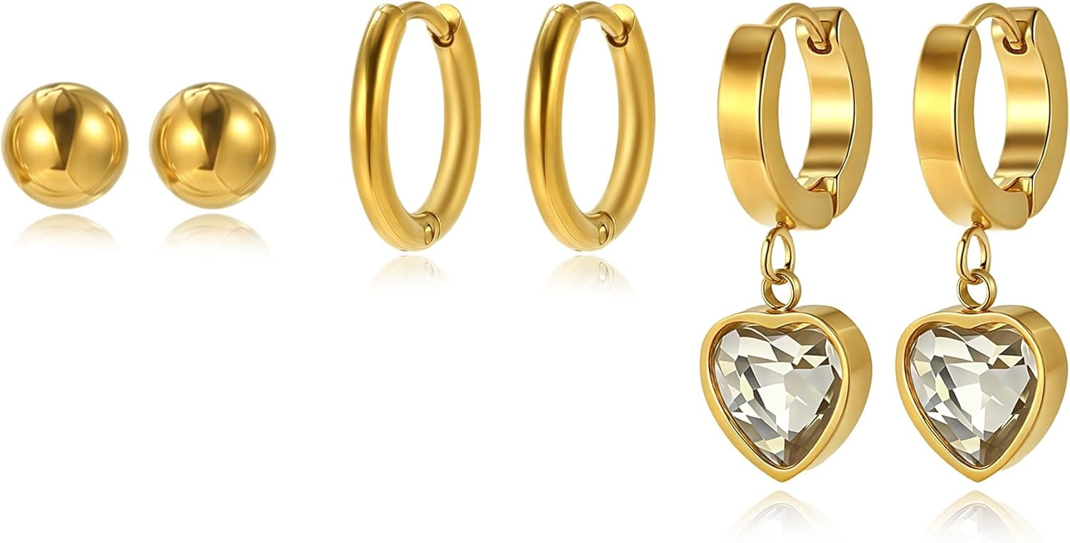 PANJIUO 3Pairs 14K Gold Plated Hoop Earrings for Women Stainless Steel Lightweight Multipack Top-rated Dangle Hoops Earring Set Jewelry for Gifts suitable for Mom Wife and Friends[i583]