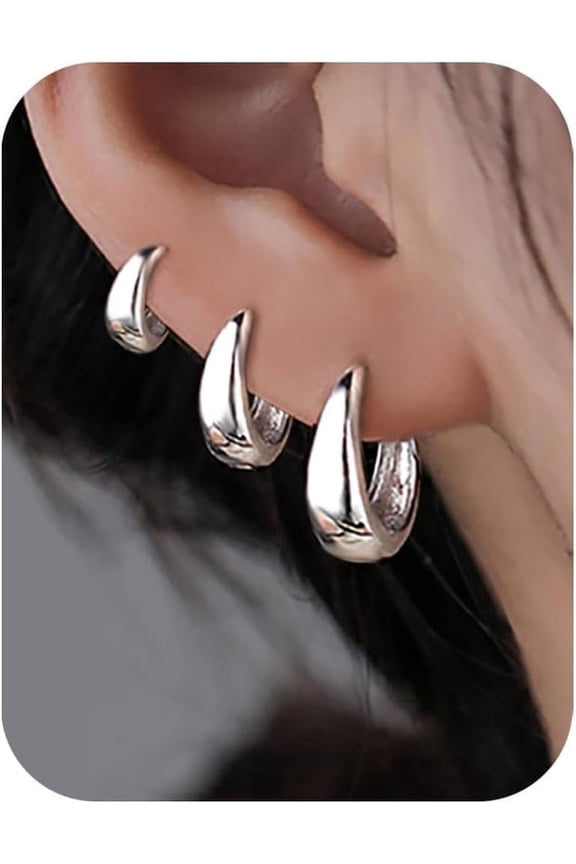 3Pairs 14K Silver Plated Hoop Earrings Set for Women Chunky Earring Silver Plated Hypoallergenic Small Huggie Hoops Lightweight Tiny Thick Trendy Hoop Earrings Stacks for Multiple Piercing