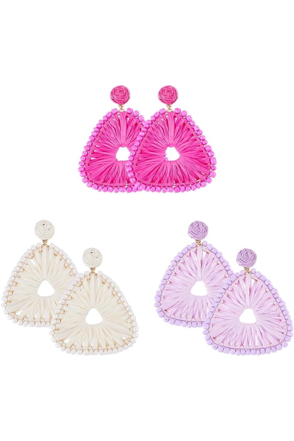 3Pairs 3 Colors Raffia Earrings for Women Boho Geometric Triangle Dangle Earrings Summer Raffia Grass Dangle Earrings Seed Beaded Long Drop Earrings Jewelry