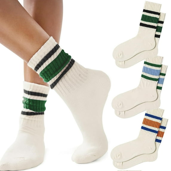 3Pairs Crew Sport Socks Women Striped Crew Socks Retro Athletic Socks Casual