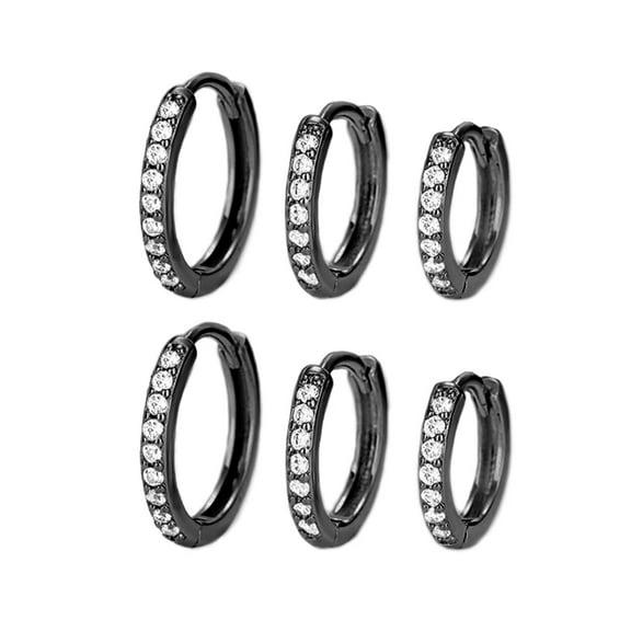 3Pairs Crystal Black Gold Plated Small Hoop Earrings Sterling Silver Post Huggie Hoops for Women