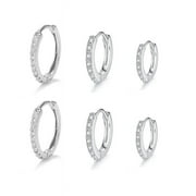 ZETSHION 3Pairs Crystal Small Hoop Earrings CZ Sterling Silver Post for Women Girls